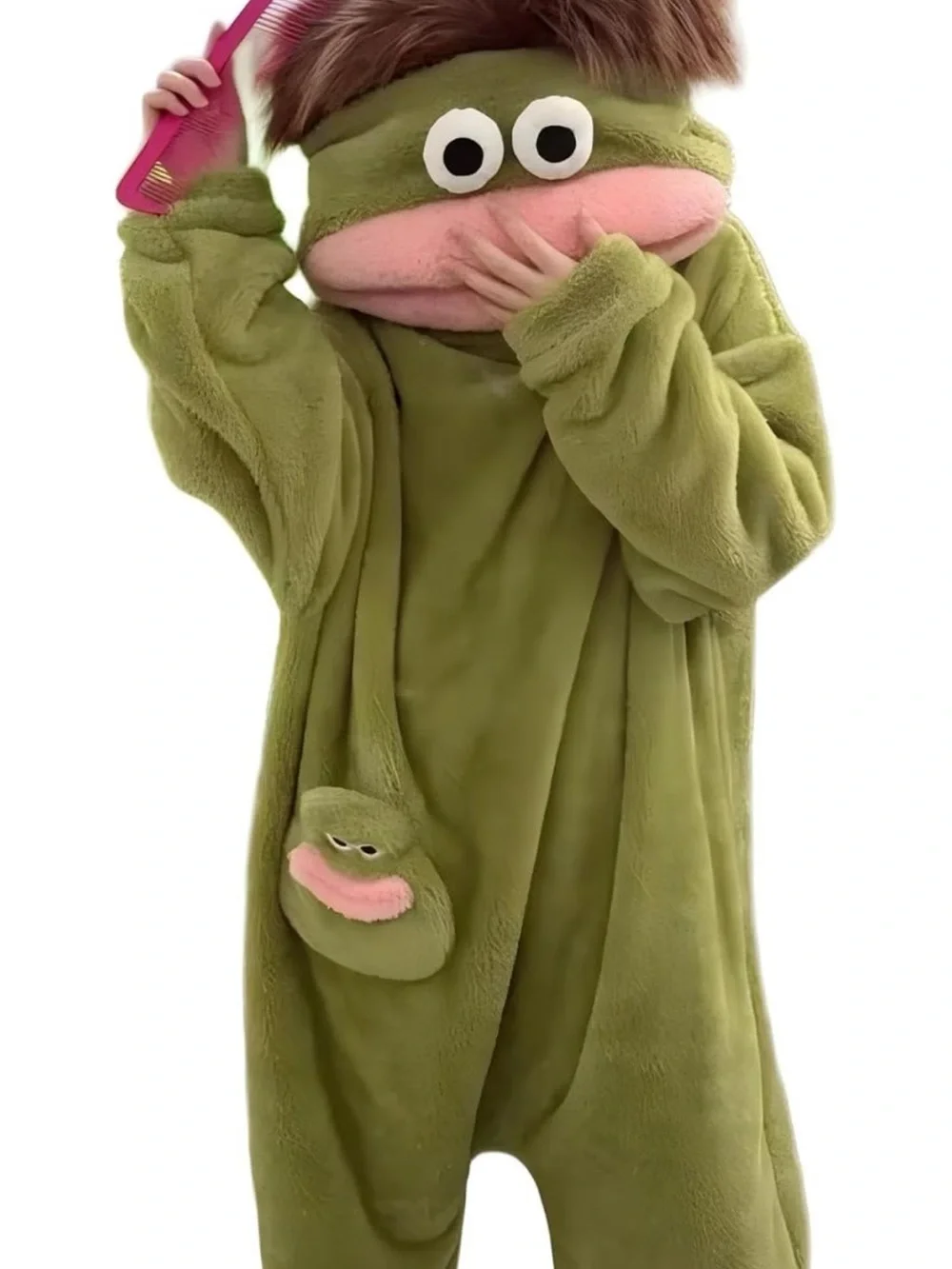 Green Plush Frog Pajama Onesie with Hood and Pocket - Unbranded